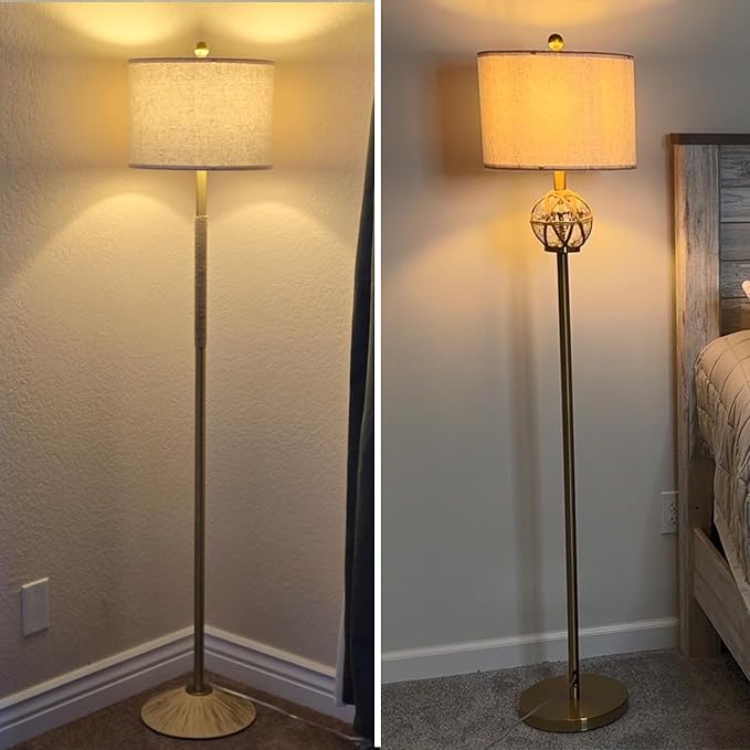 Oneach 61.5" Modern Floor Lamp for Living Room, Gold Boho Standing Lamp with Rattan Glass Design, Rotary Switch, Farmhouse Tall Lamps for Bedroom Office Dining Room (Without Bulb)