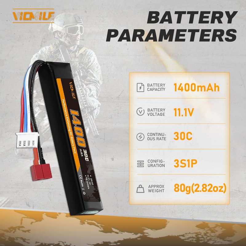VICMILE 3S Airsoft Battery 30C 11.1V 1400mAh Dean-Style T Plug with 11.1V USB Charger Fit for Most Airsoft Model Guns Gel Water Bead Blaster