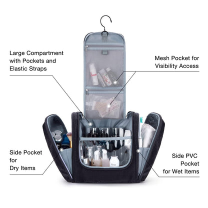 BAGSMART Extra Large Toiletry Bag Hanging Toiletry Bag for Travel, Water-resistant Cosmetic Makeup Travel Bag, Capacity Travel Bag Organizer for Full-size Toiletries, Black-Large