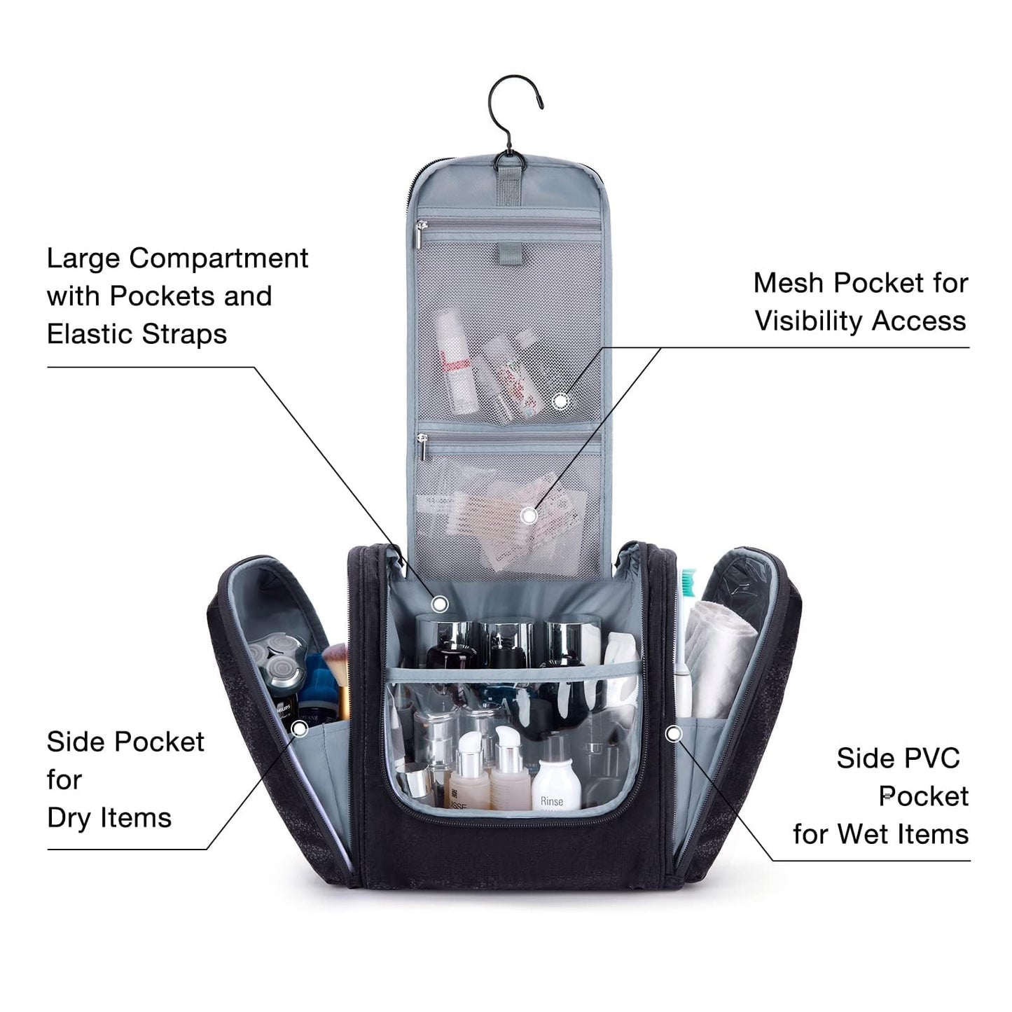 BAGSMART Extra Large Toiletry Bag Hanging Toiletry Bag for Travel, Water-resistant Cosmetic Makeup Travel Bag, Capacity Travel Bag Organizer for Full-size Toiletries, Black-Large