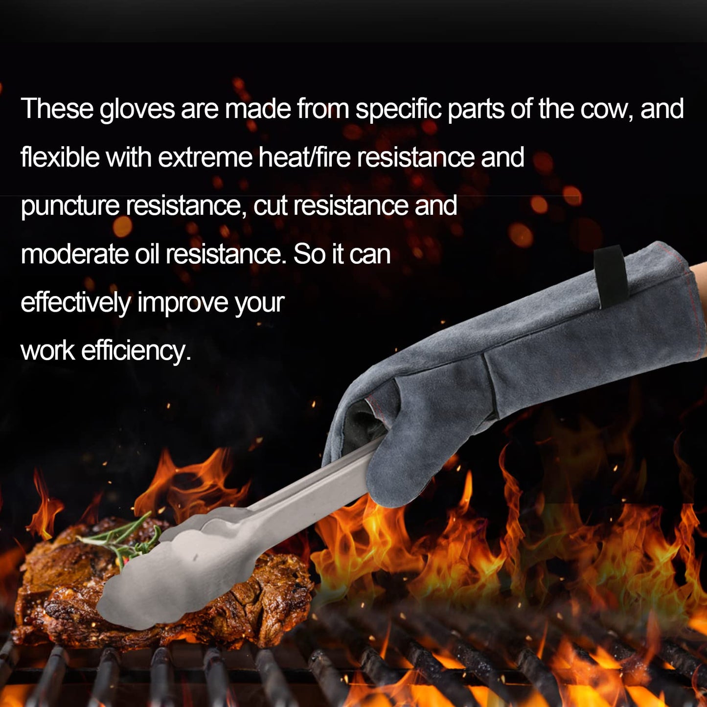 HITBOX Extreme Heat & Fire Resistant Gloves with Kevlar Stitching 16 ‘’ 932℉ Leather Fire Gloves for Arc Tig Mig Wood Stove Oven BBQ Grill Pot Holder Barking Animal Handling – Free Size for Men Women