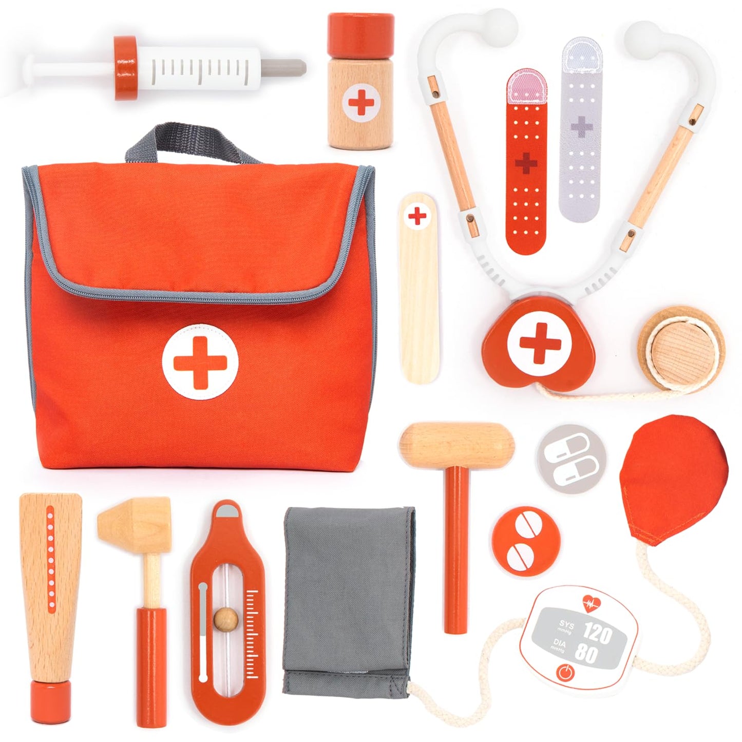 UMU® Mini Wooden Doctor Kit for Kids – 14-Piece Pretend Play Medical Set with Stethoscope, Blood Pressure Monitor & More – Toy Doctor Case for Children Age 3 4 5