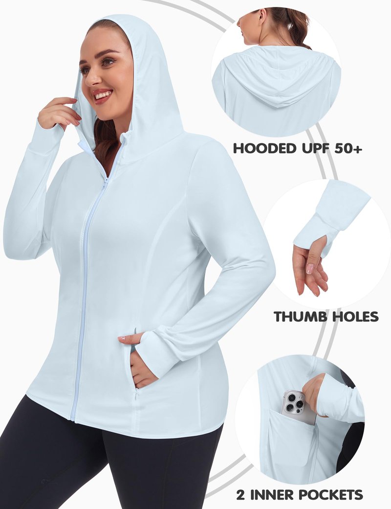 COOTRY Women's Plus Size UPF 50+ Sun Protection Jacket Lightweight Long Sleeve Zip Up Hoodie Cooling Sun Shirt Hiking Workout Light Blue 3XL