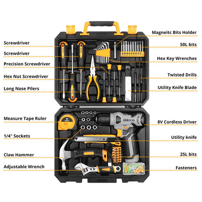 DEKOPRO Tool Set：Tool Kit with 8V Cordless Drill,Tool Box with Drill,Hand Drill Set for Men & Women,Home Tool Kits for House Repair,Handyman,DIY 126 Piece