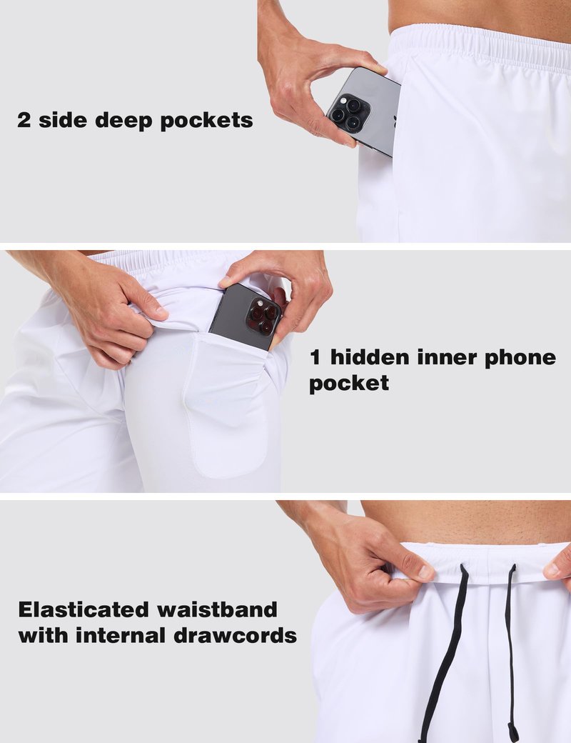 Naarts Men's 2 in 1 Athletic Running Shorts Quick Dry 5 Inch Lightweight Workout Gym Shorts with Liner and Pockets White,Large