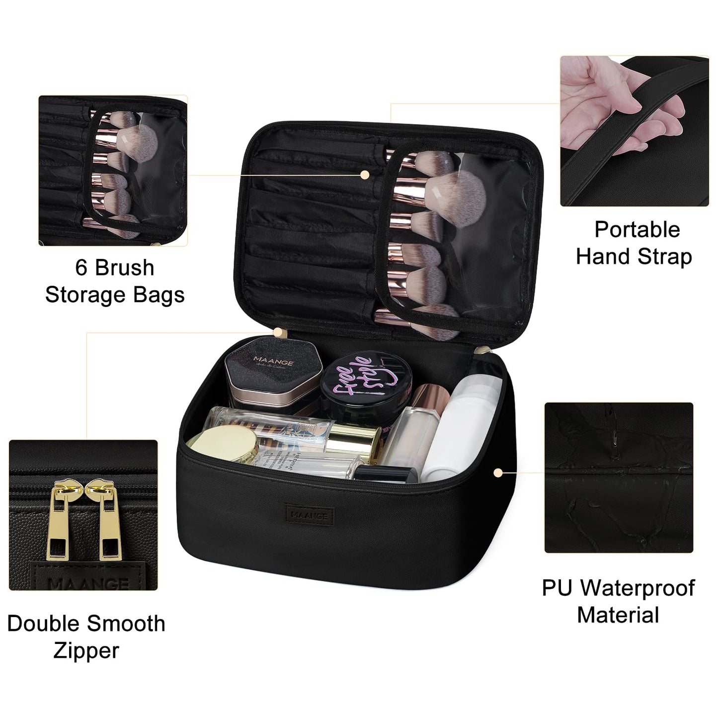 MAANGE 3 Pcs Makeup Bag(L+M+S) Travel Cosmetic Bags with Brush Compartment PU Leather Small Makeup Bag Portable Make Up Bag Versatile Zipper Makeup Pouch for Women, Black