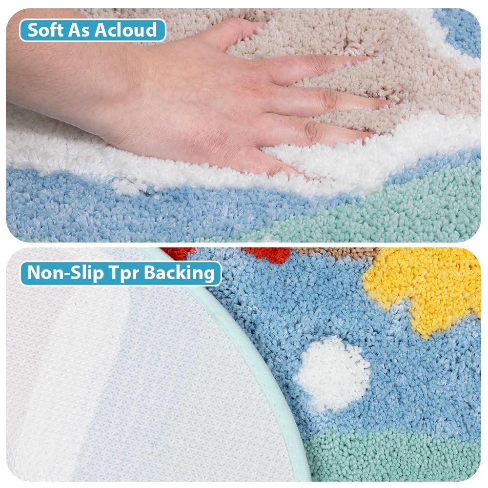 ORTIGIA Coastal Beach Bathroom Rugs Non Slip Washable, 20x32 Oval Soft Microfiber Sea Bath Mat, Quick Dry Absorbent Shower Rug for Bathroom Floor Tub Shower Sink