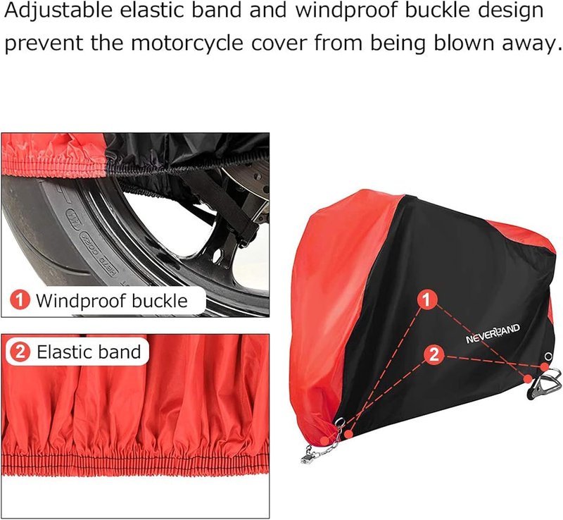 NEVERLAND Motorcycle Cover Waterproof Outdoor - All Season Scooter Covers Heavy Duty with 2 Lock-Holes, Bandage & Storage Bag Fits Most Motorcycles, Scooters, Dirt Bikes, Sportbikes (Up to 86”)