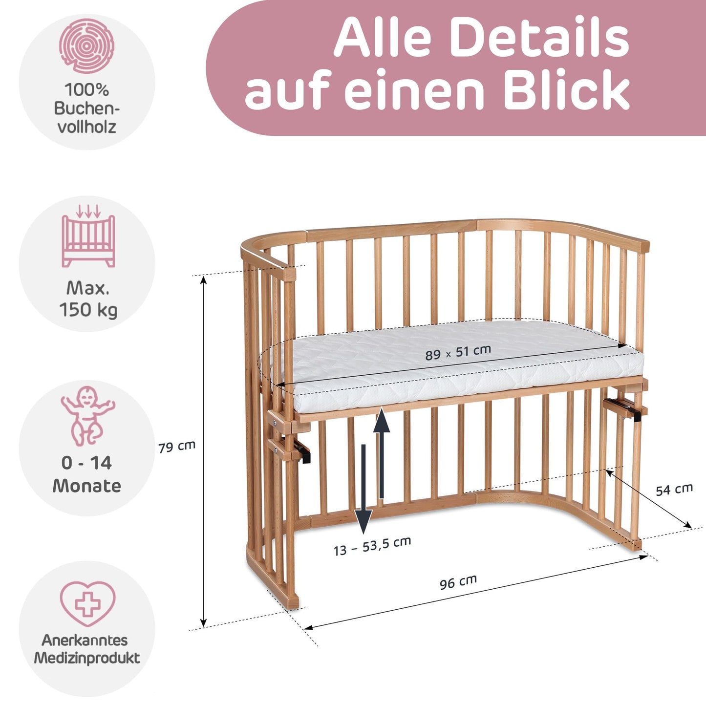 babybay Maxi Extra Large Side Bed Made of Solid Beech Wood/Children's Bed Height Fully Adjustable & Environmentally Friendly/with Mattress, Grid, Wheels (Natural Varnish)