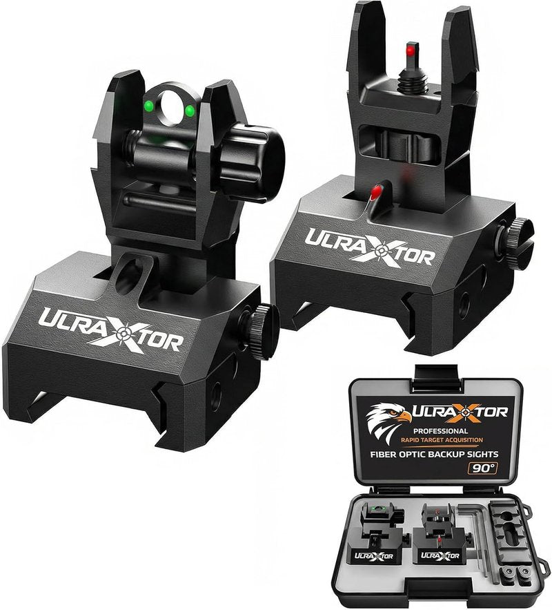 Fiber Optic Flip Up Iron Sight Set for Picatinny Rail - Low Profile Front & Rear Backup Sights with Red/Green Dots