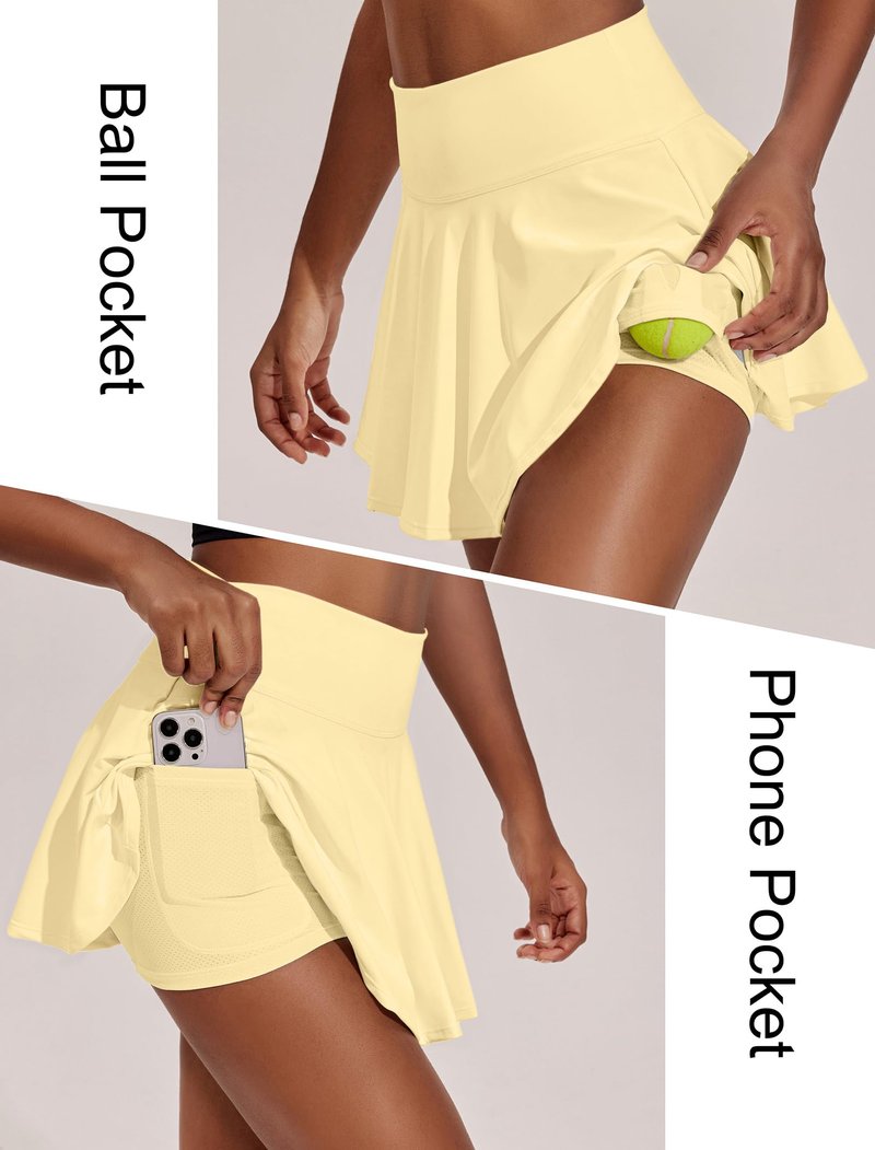 PINSPARK Athletic Skirts for Women Pleated Tennis Skort with Pockets Mini Pickleball Skirt Stretchy Sports Skirts, Butter Yellow XL