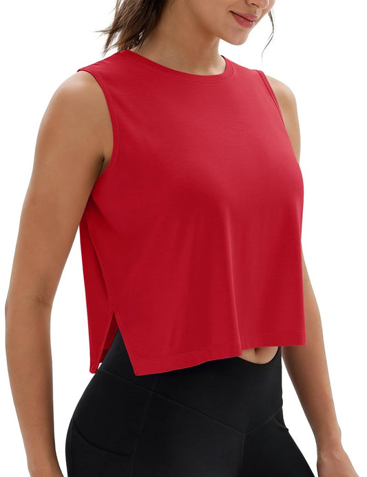 MAGCOMSEN Tank Tops for Women Quick Dry Basic Sleeveless Workout Cropped T-Shirts Athletic Tops with Side Slits Red L