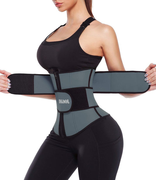 ANGOOL Neopren Waist Trainer For Women,Workout Plus Size Trimmer Belt Sauna Sweat Corset Cincher With Zipper L Gray-Dark