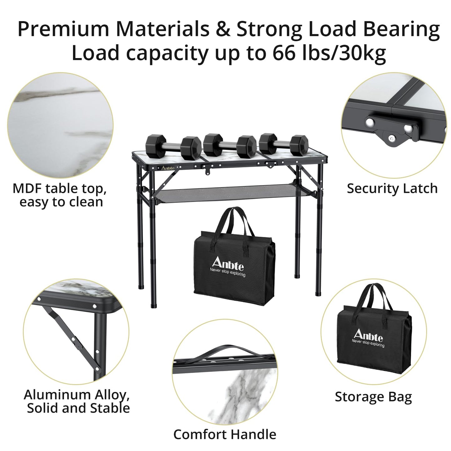 Anbte Folding Camping Table, Aluminum Small Folding Table 3 Adjustable Height Max 27.5", Portable Table with Carry Handle, Lightweight, for Outdoor Indoor Travel Camping Picnic BBQ, 34.6" x 15.7"