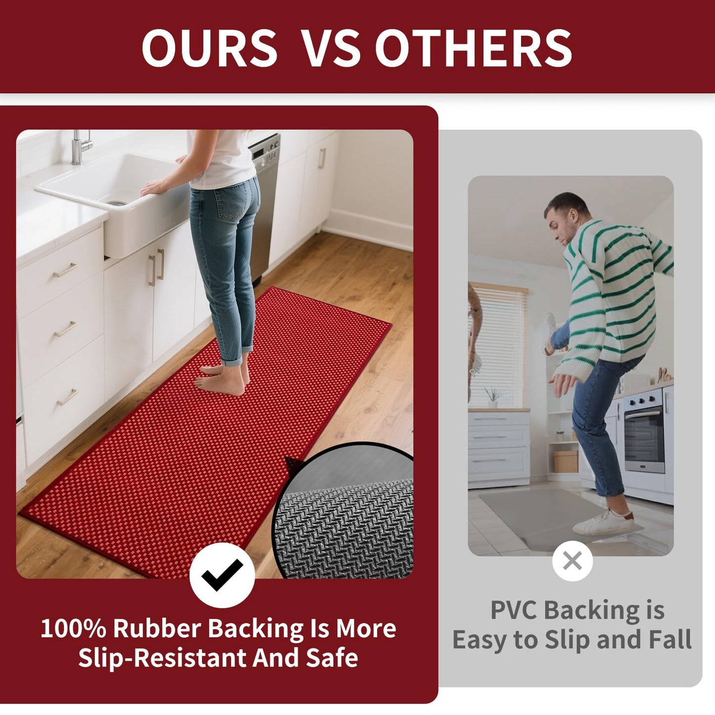 YDKGL Kitchen Rugs Non Slip Washable, Rubber Backing Soft Chenille Braided Kitchen Mats for Floor, Super Absorbent Kitchen Runner Rug Standing Mat Sink Mat, Easy to Clean, Red 17"x47"