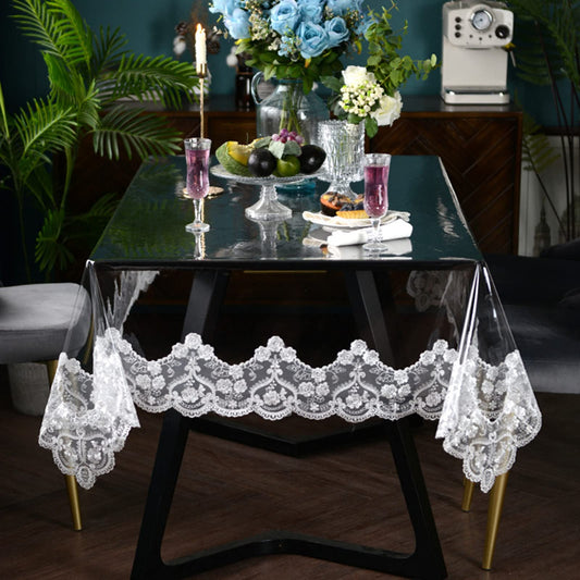 Clear Plastic Waterproof Tablecloth, Vinyl PVC Rectangle Table Cloth with Lace Macrame, Oil Spill Proof, Table Cover for Dining Tables, Parties and Holidays (White, 60 x 98 Inch)