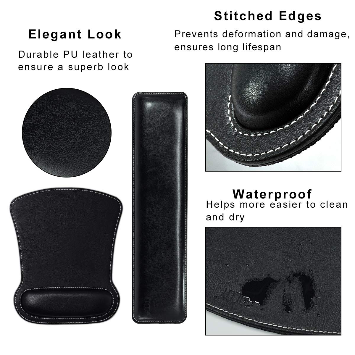 Cacoy Ergonomic PU Leather Keyboard Wrist Rest and Mouse Pad Wrist Support Set Memory Form-Filled and Non-Slip Base Easy-Typing and Pain Relief Wrist Rest for Office Computer Laptop (Black)