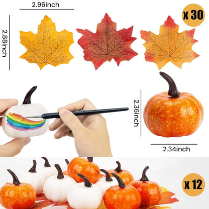 DomeStar 42 PCS Artificial Pumpkins Decorations, 12PCS Fake Pumpkins with 30Packs Maple Leaves and 1Packs String Lights for Fall Harvest Crafts Halloween Thanksgiving Decor