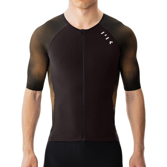 MY KILOMETRE Men's Triathlon Top Full Zip Short Sleeve Tri Shirt, Quick-Dry, UPF 50+ Protection with Reflective Back Pockets, Performance Gear for Running, Swimming, Cycling Brown