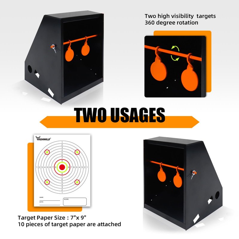 Highwild BB Trap Target (Airgun Only) with 10pcs 7" X 9" Paper Targets and 2 Spinner Targets