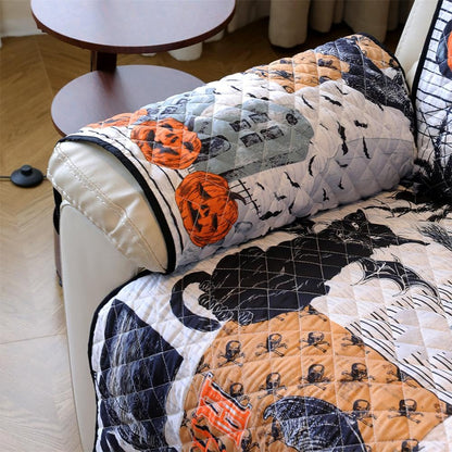 Cmfshape Halloween Skidproof Sofa Cover-Festival Sofa Slipcover with Elastic Straps-Easy Fit Slip Cover-Patchwork Washable Furniture Protector for Pets and Kids(Sofa,Black&Orange)
