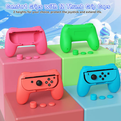 FASTSNAIL 4 Pack Grips Kit Compatible with Nintendo Switch for Joy Con, Wear-Resistant Grip Controller for Joy con & OLED Model with 12 Thumb Grip