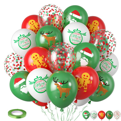 Saxuxu Christmas Balloons, 12 Inch Xmas Print Balloons, Red Green Confetti Latex Balloon Green Red White Gingerbread Man Bell Elk Santa Claus Printed Balloon for New Year Christmas Party Decorations
