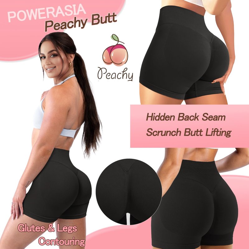 POWERASIA 4.5" Workout Impact Shorts Hidden Scrunch Butt Lifting Gym Booty Biker Shorts for Women Tummy Control Black