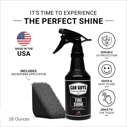 CAR GUYS Tire Shine Spray | High Gloss & Satin Finish | Non-Greasy, UV Protection, Long-Lasting, Quick Drying | Dressing for Black Tires, Wheels, & Rubber | 18oz Kit with Applicator Pad