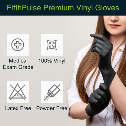 FifthPulse Black Vinyl Disposable Gloves Medium 50 Pack - Latex Free, Powder Free Medical Exam Gloves - Surgical, Home, Cleaning, and Food Gloves - 3 Mil Thickness