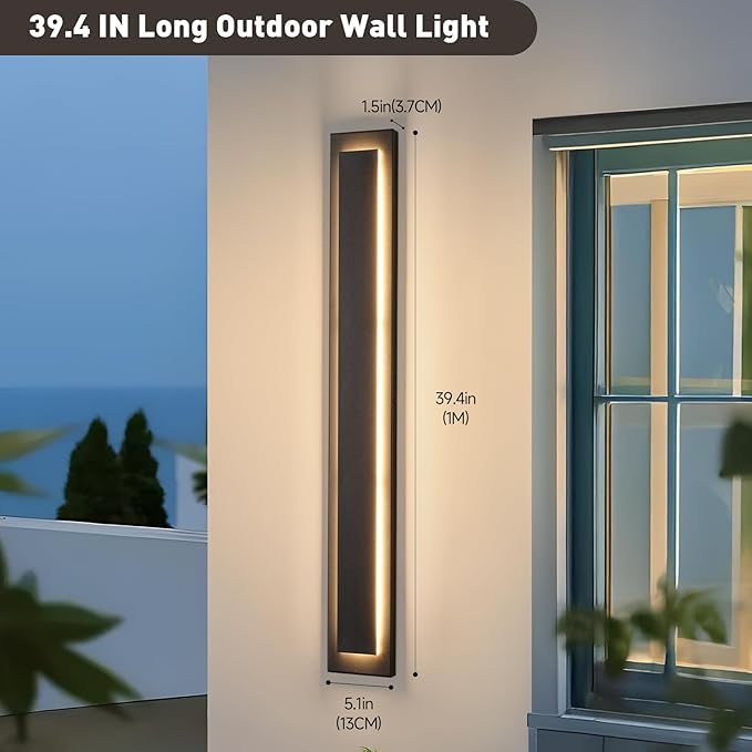 39.4 in Long Outdoor LED Wall Lights, Modern Exterior Garage Wall Light,Outside Light Fixtures for House,Patio,Front Porch,36W Black Outdoor Wall Sconce Waterproof 2 Pack(3000K Warm White)