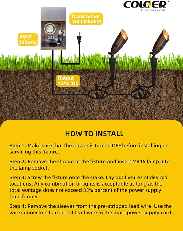 COLOER Die-cast Brass Landscape Spotlights Outdoor, 12V AC/DC Low Voltage Spotlight, IP65 Waterproof Landscape Lighting for Yard, Garden Patio Trees Spot Uplight(102B,6-Pack Without Bulb)