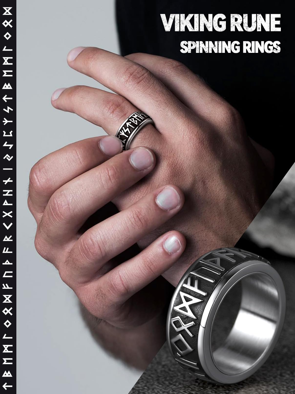 FaithHeart Viking Rings Men Stainless Steel Fidget Ring Spinning Jewellery Norse Runes Band Cool Boys Ring Size O