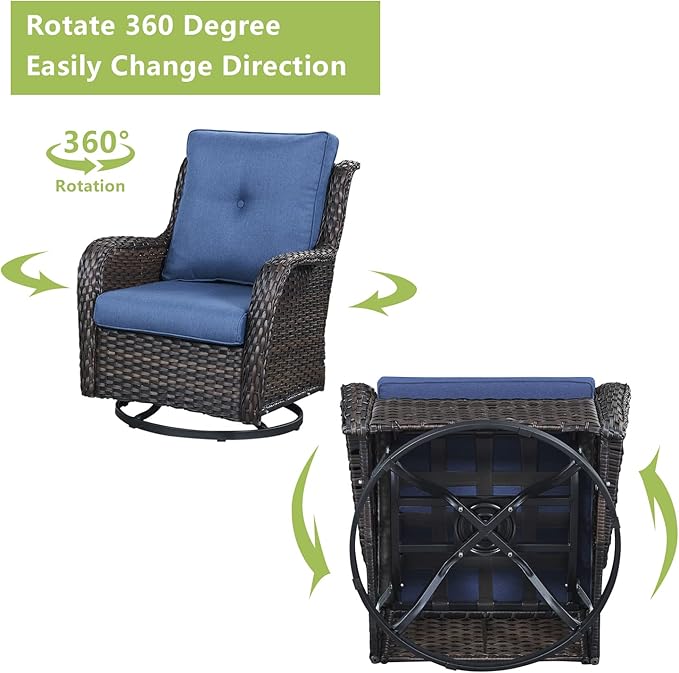 Rilyson Wicker Rocking Chair Swivel Chairs - 3 Piece Rocker Patio Furniture Set Rattan Rocking Bistro Sets with Glass Top Side Table for Outdoor Porch Deck Garden Backyard (Brown/Blue)