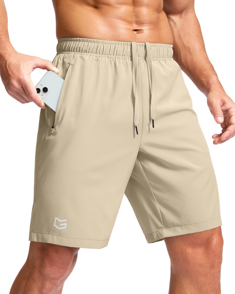 G Gradual Men's Athletic Running Shorts with Zipper Pockets Quick Dry 7"/ 5"/ 9" Workout Gym Shorts for Basketball Hiking(Khaki,9M)