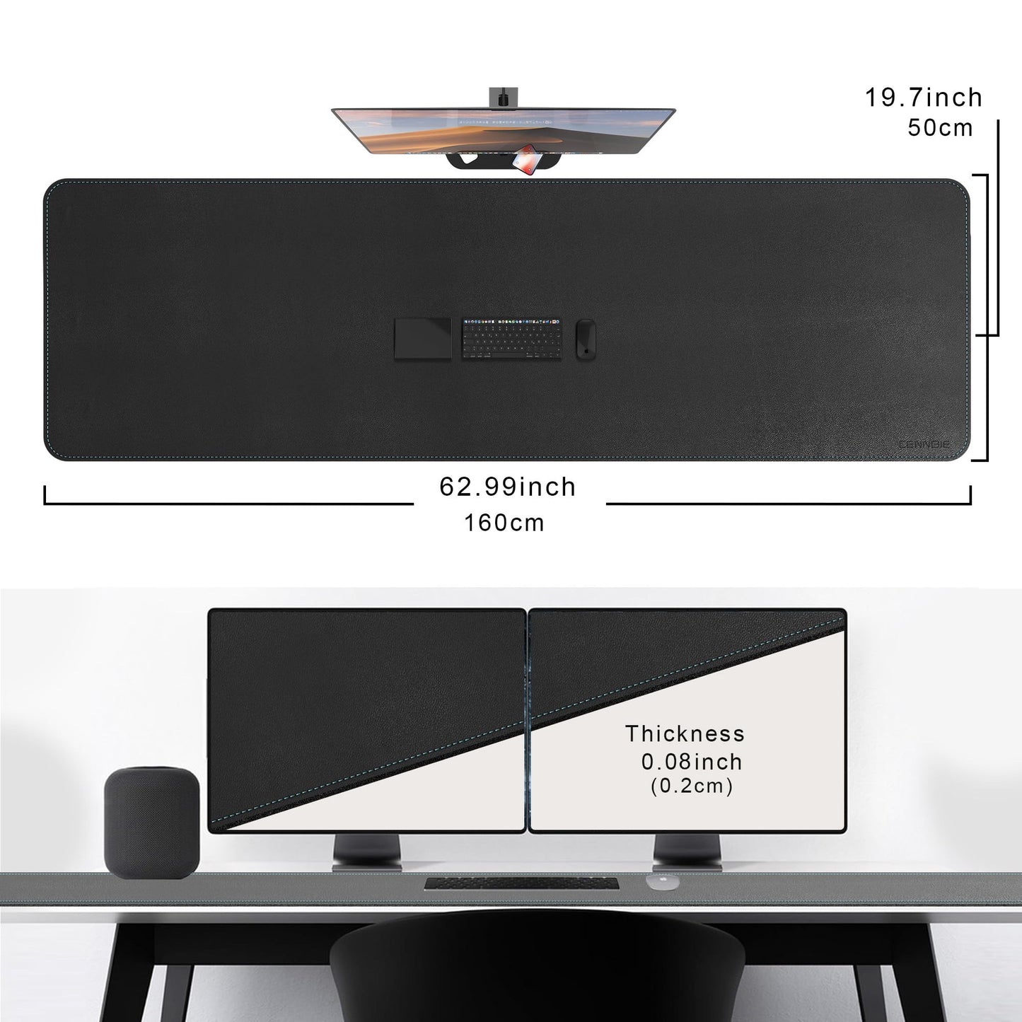 CENNBIE Leather Desk Mat Large, 160 x 50cm Desk Pad Blotter Protector, Extended Non-Slip Mouse Pad, Waterproof PU Leather Large Mouse pad for Desk Office and Home (Black)