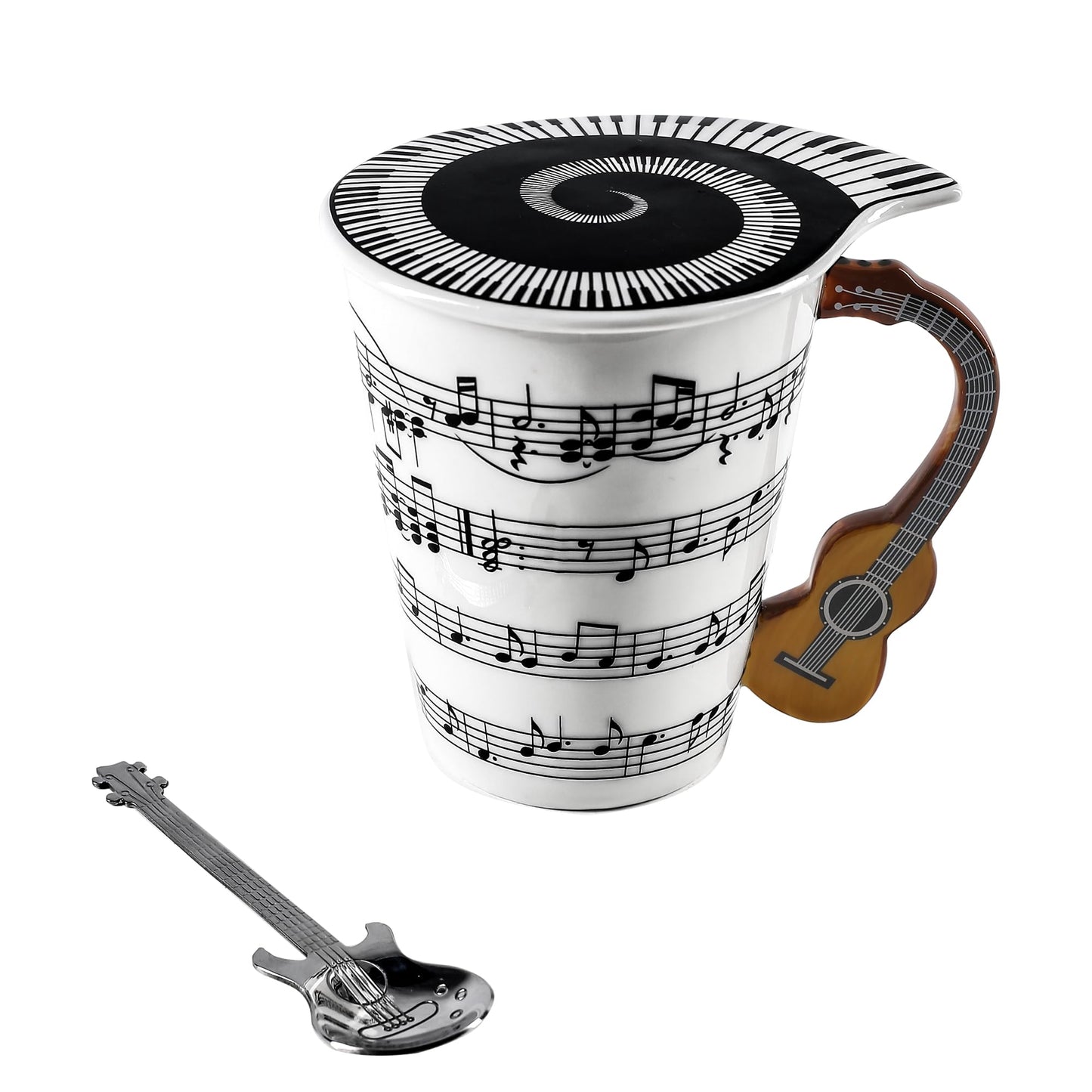 Guitar Novelty Mug Unique Musical Gift Coffee Cup with Cool Music Themed Lid & Guitar Handle Design & Guitar Spoon, Great Gifts for Music Teachers,&guitarLoversfor Holidays,Fathers Day,Men,Woman