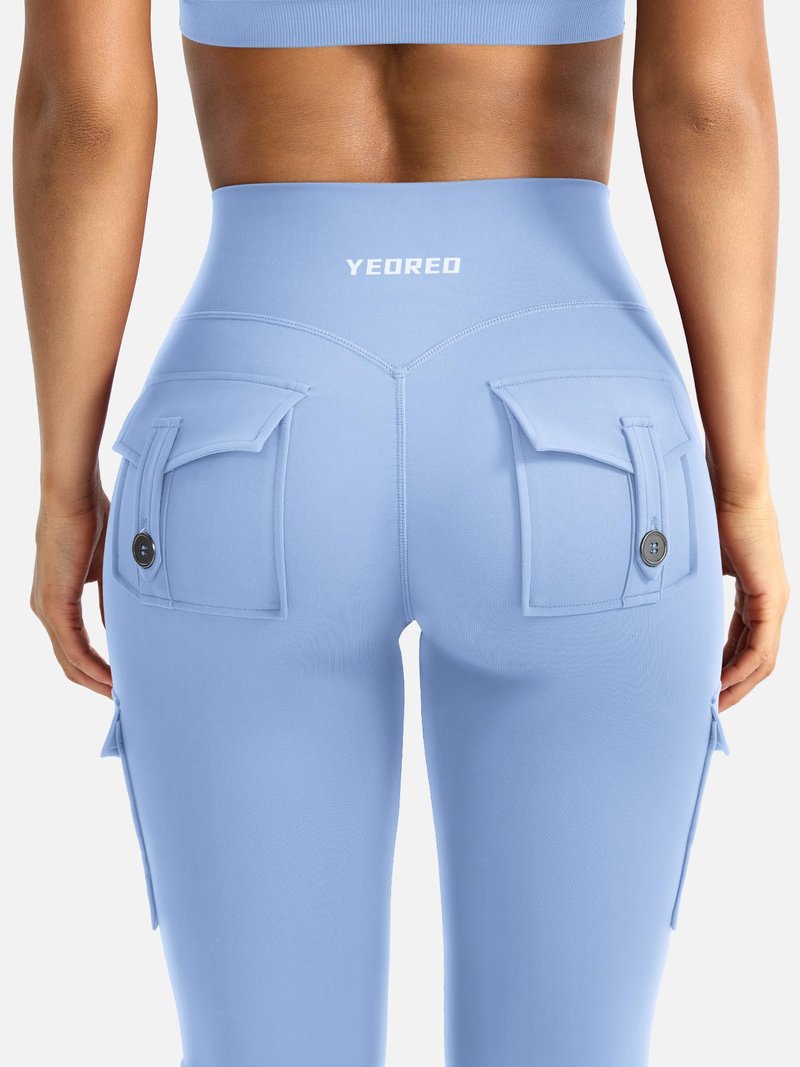YEOREO CoreFlex Women Workout Flare Leggings with Pockets Hidden Scrunch High Waisted Cargo Gym Yoga Leggings Light Blue S