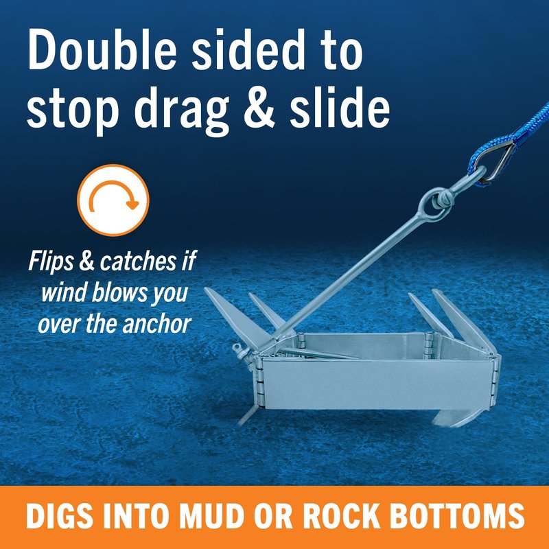 Better Boat 13lb Box Anchor for Boats up to 21ft, Folding Boat Anchor Hot Dip Galvanized, Double Sided Slide Anchor for Pontoon and Fishing Boats, Collapsible