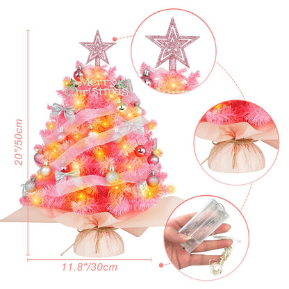 20" Mini Pink Christmas Tree, Artificial Small Christmas Tree with Lights, Tabletop Christmas Tree with Star Treetop,Bow Boxes and Ball Ornaments for DIY Christmas Decoration (Pink)