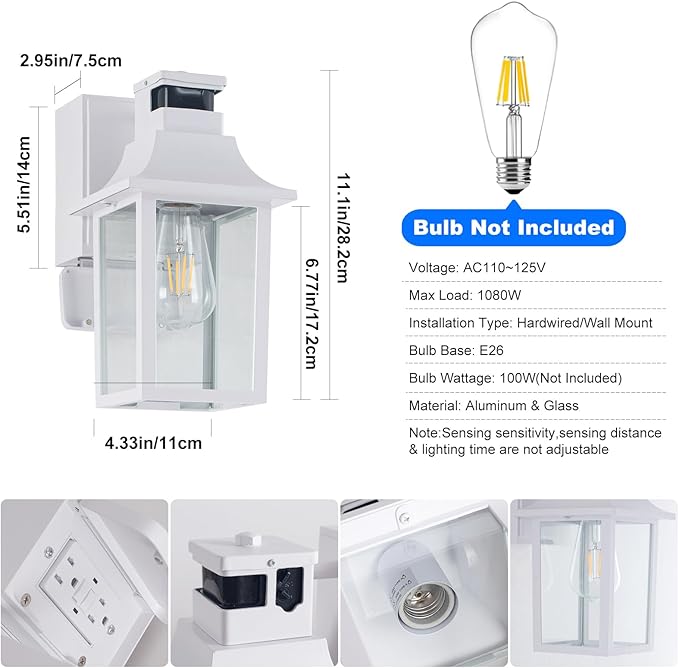 Porch Light with GFCI Outlet Dusk to Dawn Motion Sensor Outdoor Light 3 Light Modes Exterior Light Fixture Waterproof Outside Wall Light for House Patio Garage（White）