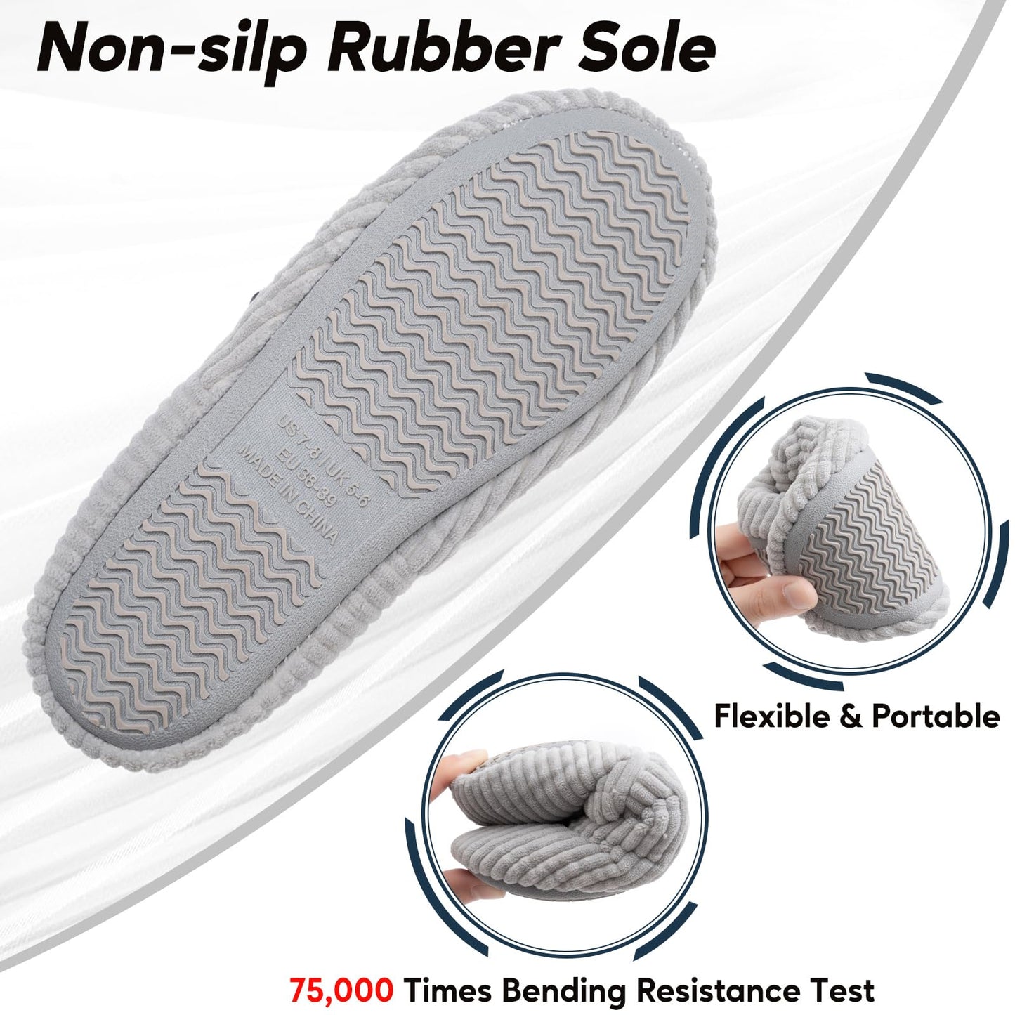 ROPULP Slippers for Women Memory Foam Corduroy Soft Full Slippers House Shoes Womens Fashion Footwear Comfy Trendy Gift Grey, Size 5-6