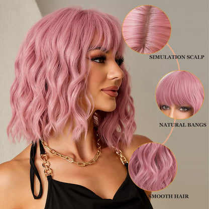 Esmee Short Wave Pink Bob Wigs With Bangs Shoulder Length Wig Curly Wavy Synthetic Cosplay Wigs for Women-12 Inches