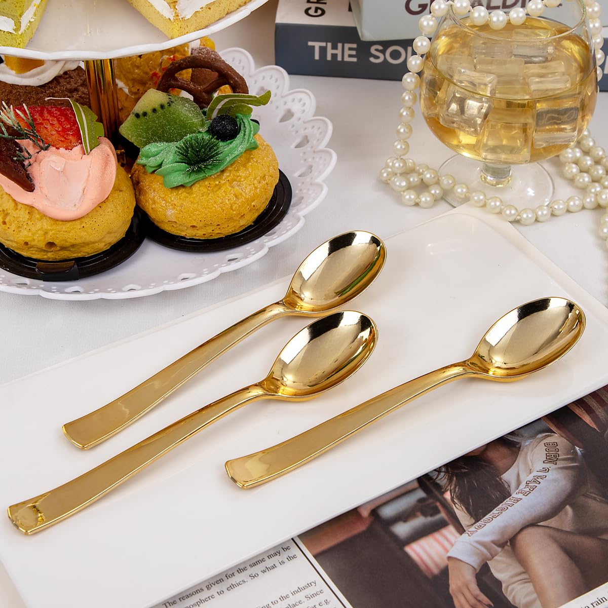 Liacere 360Pcs Plastic Spoons - 6.7 inch Heavy Duty Plastic Spoons-Heavyweight Gold Disposable Spoons-Gold Silverware for Halloween &Chrismas And Daily Using&Thanksgiving