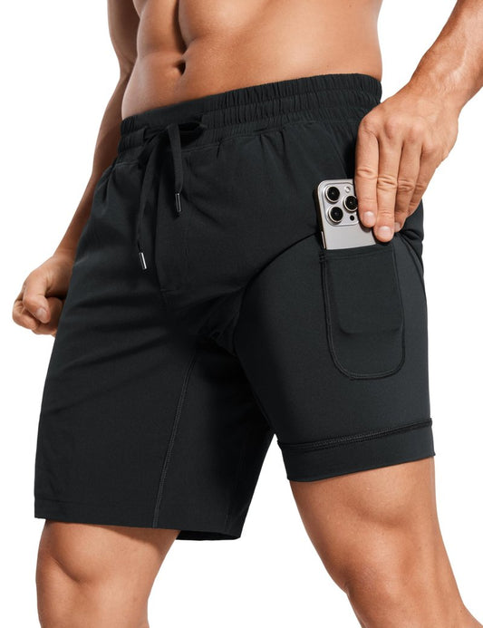 CRZ YOGA Mens 2 in 1 Running Shorts 7" - Lined Workout Quick Dry Lightweight for Sports Athletic with Pockets Black Large