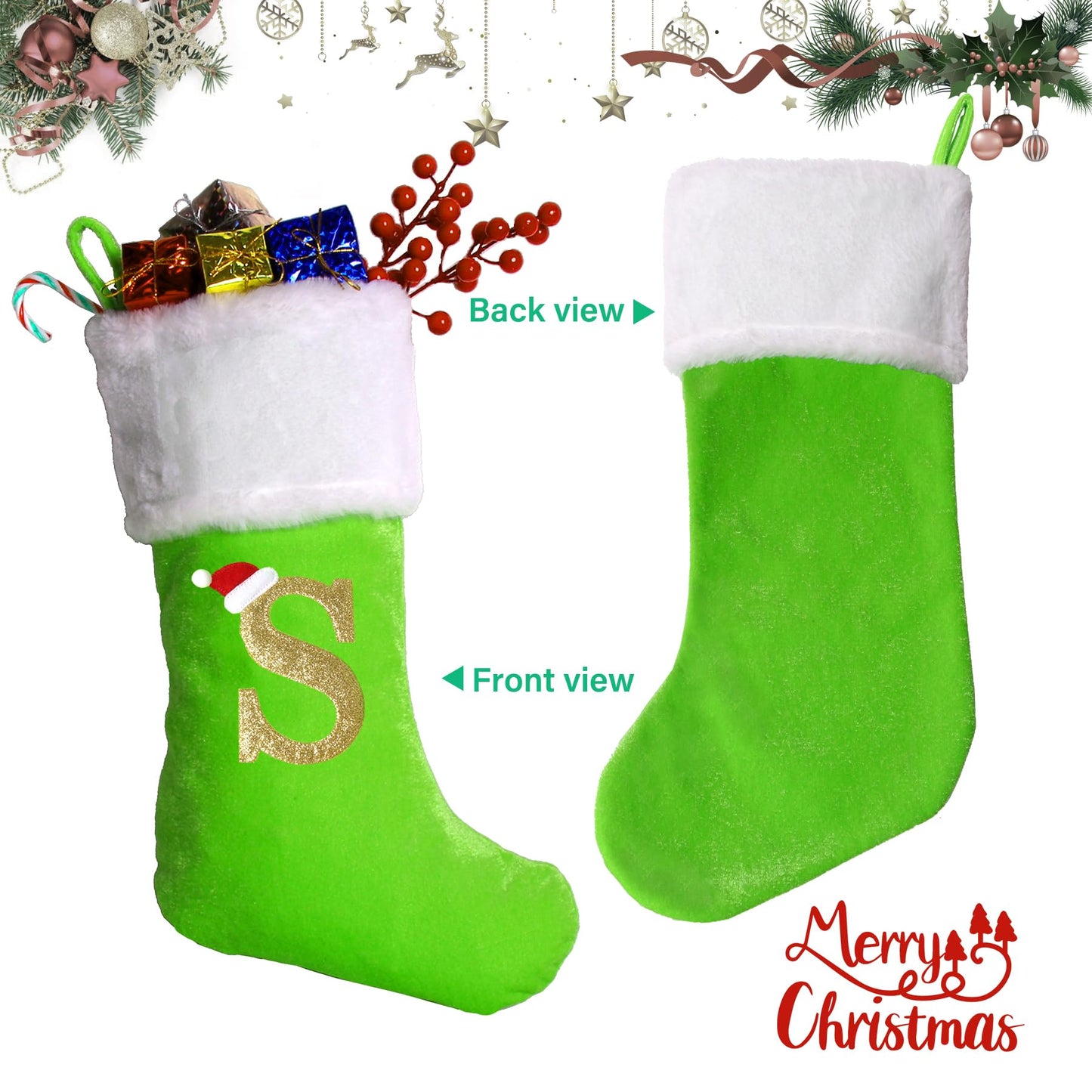 Sailup 20 Inches Monogram Christmas Stockings with Letters, Large Super Soft Christmas Stockings Green Velvet with White Super Soft Plush Cuff for Christmas Xmas Tree Holiday Fireplace Green