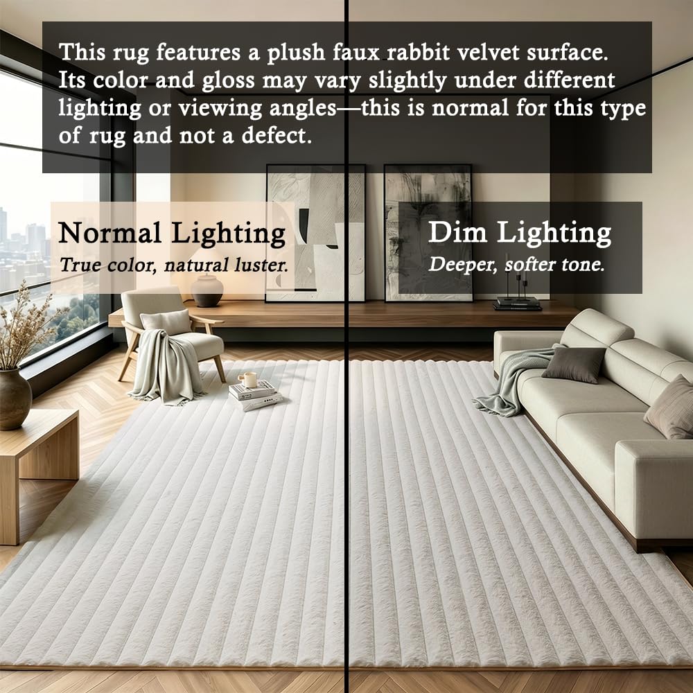 White Rabbit Striped Plush Rug 8'x10', Fluffy Shaggy Area Rug for Nursery & Kids Room, Faux Fur Carpet for Girls Bedroom, Living Room, Teen Decor