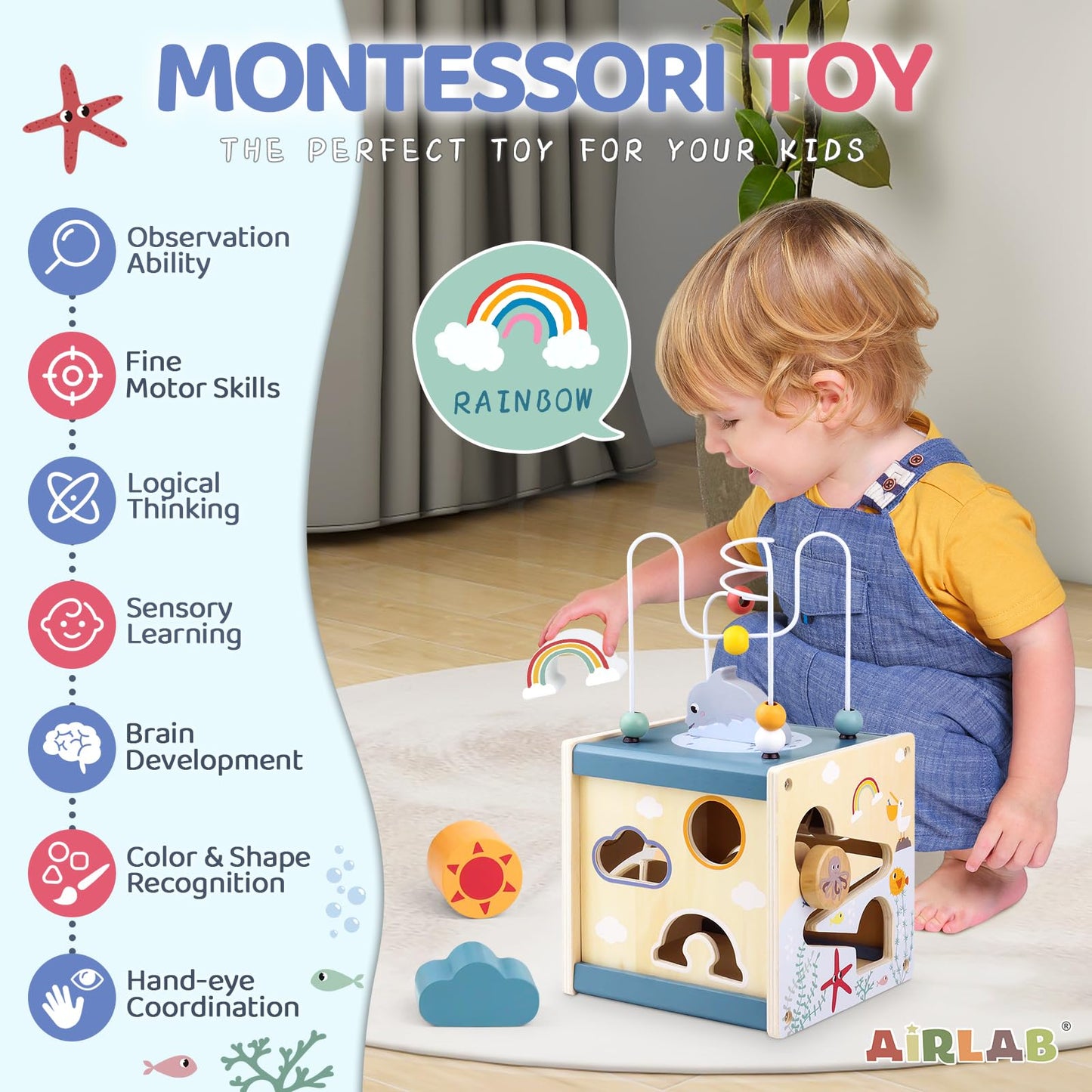 Airlab Wooden Activity Cube Baby Toys for 1 Year Old, 1st Birthday Gifts for Girls and Boys, 12+ Months Montessori Toys with Bead Maze Shape Sorter Educational Sensory Toys for Kids Age 1 2 3