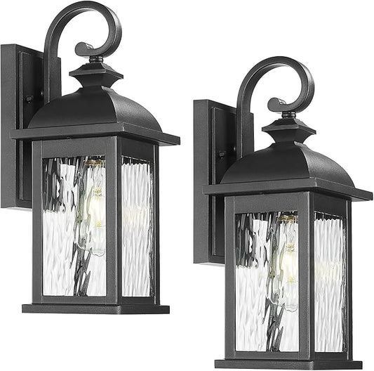 FEMILA 2 Packs Outdoor Waterproof Wall Lights Fixture, 15" Wall Lantern for Porch, Anti-Rust Matte Black Finish with Water Ripple Glass,4FD54B-2PK BK-WP
