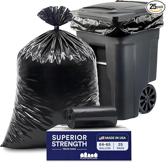 Plasticplace 64-65 Gallon Black Trash Bags, Heavy Duty Toter Can Liners
